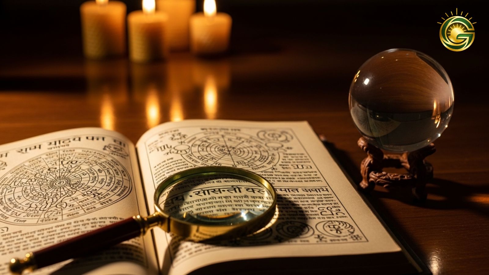 Traditional astrology elements like a crystal ball and ancient books for daily horoscope predictions.