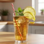 Refreshing barley water in a glass with lemon and mint.