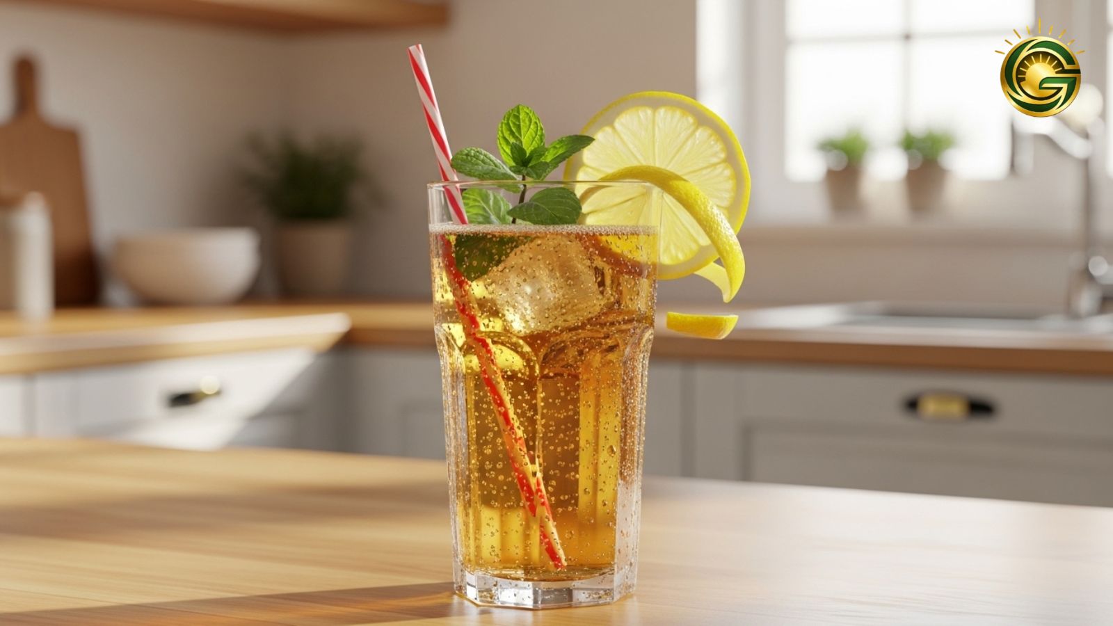 Refreshing barley water in a glass with lemon and mint.