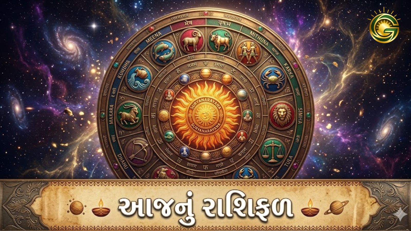 A colorful astrological zodiac wheel representing daily horoscope for all signs.