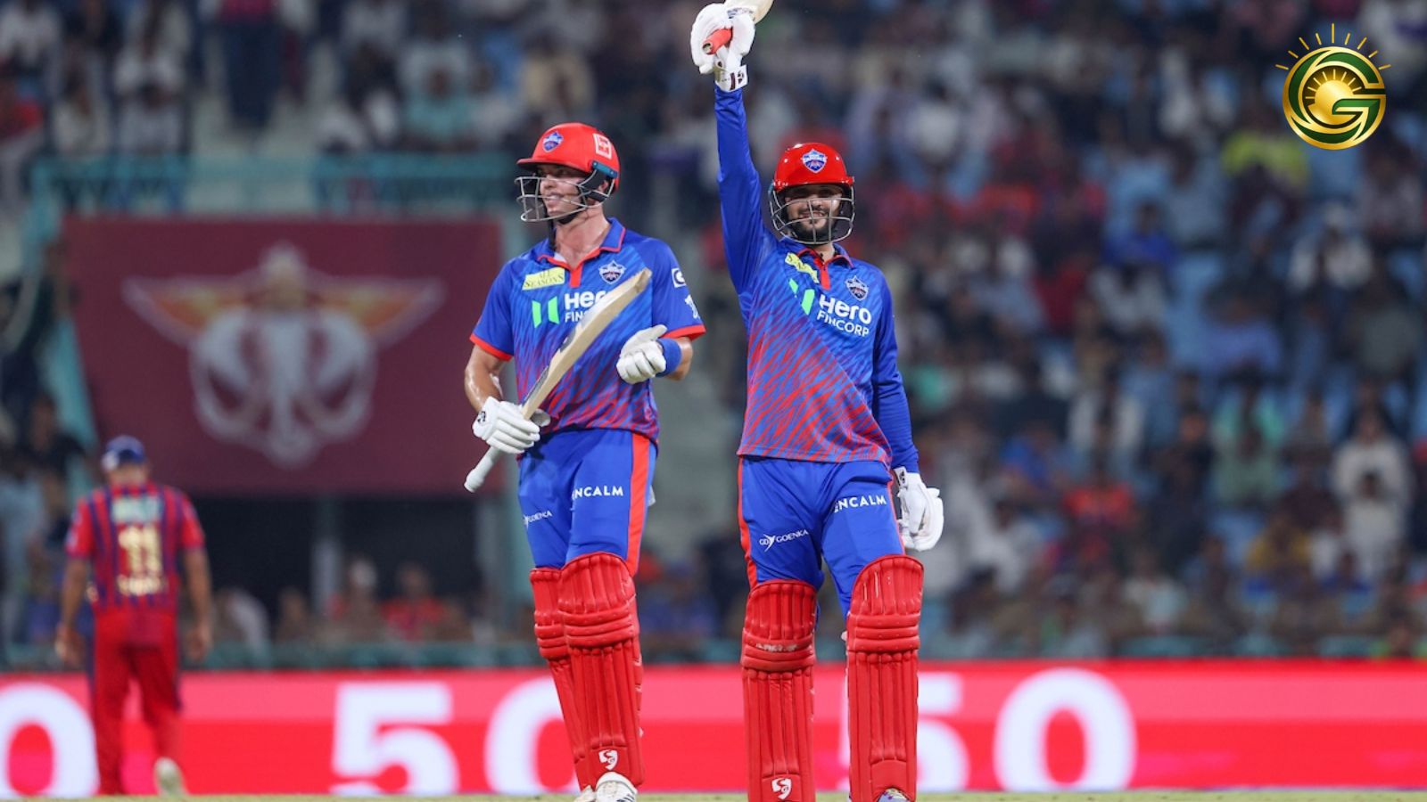 Sameer Rizvi hitting a six for Delhi Capitals against LSG after a top-order collapse.