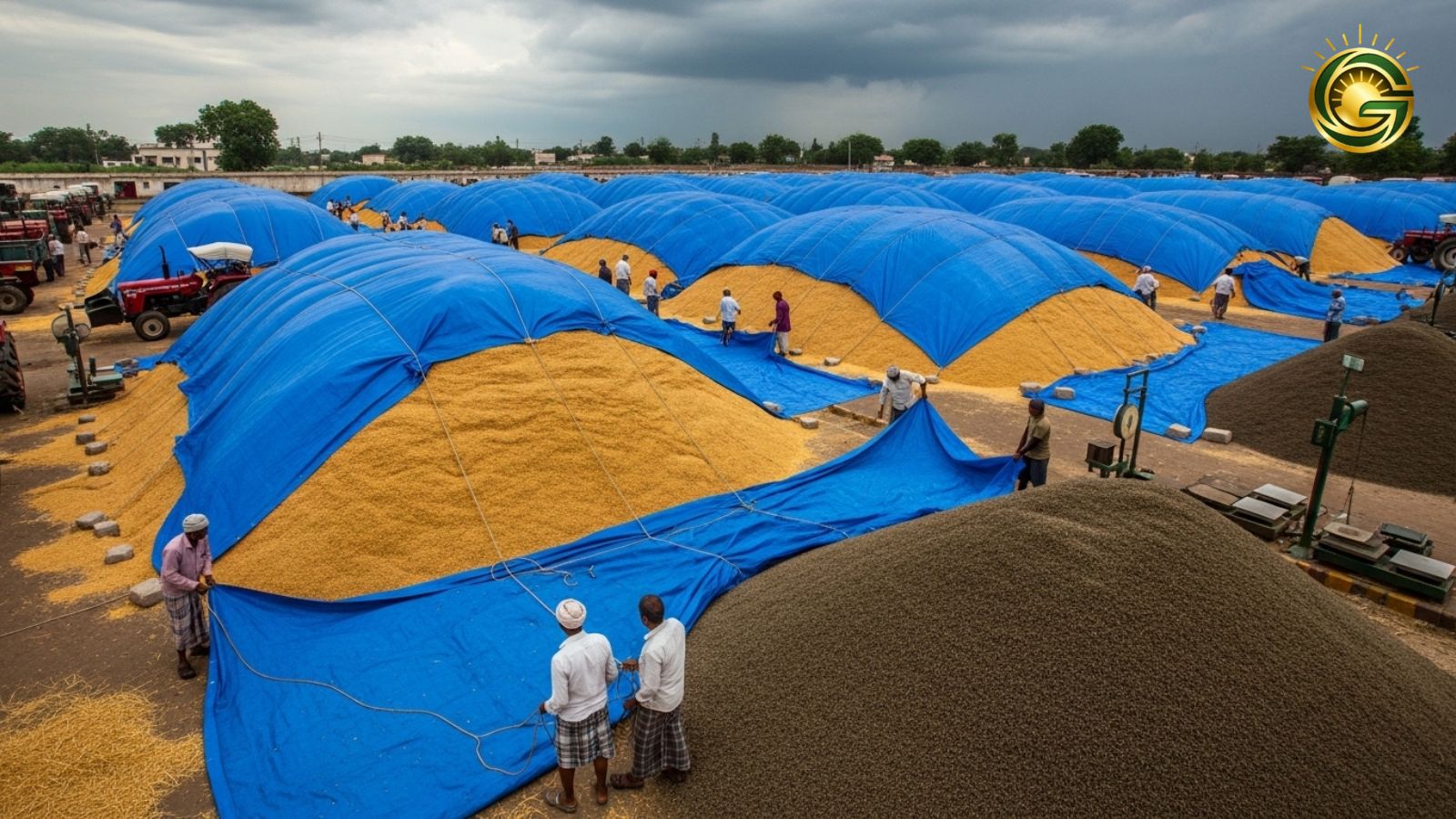 Gujarat farmers covering their harvested crops with tarpaulin to save them from unseasonal rain.