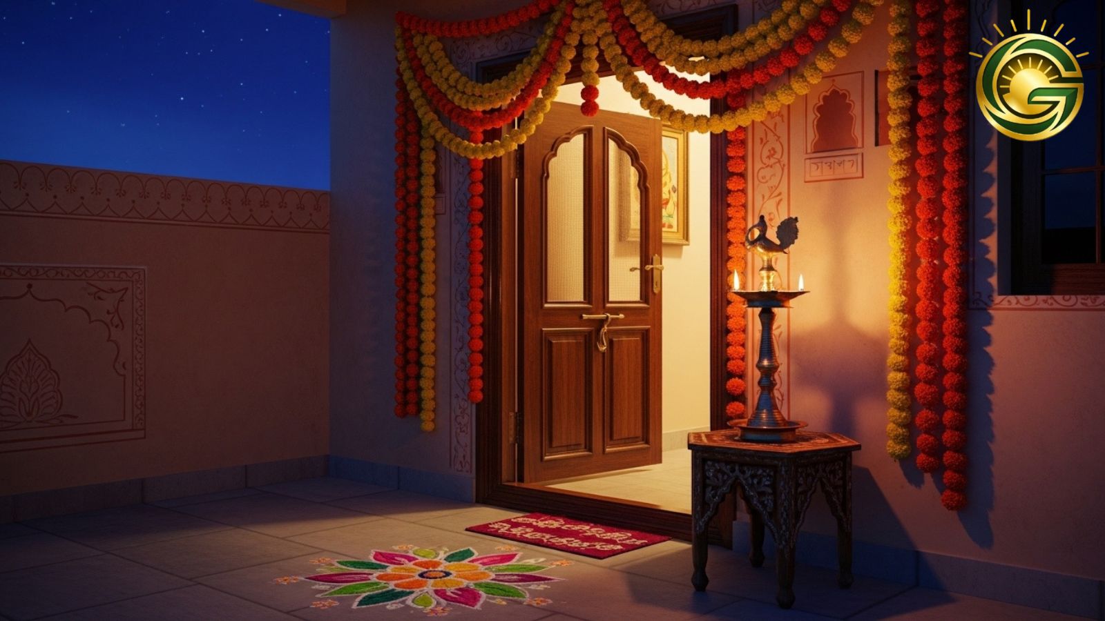 Traditional ghee lamp at the entrance of a house