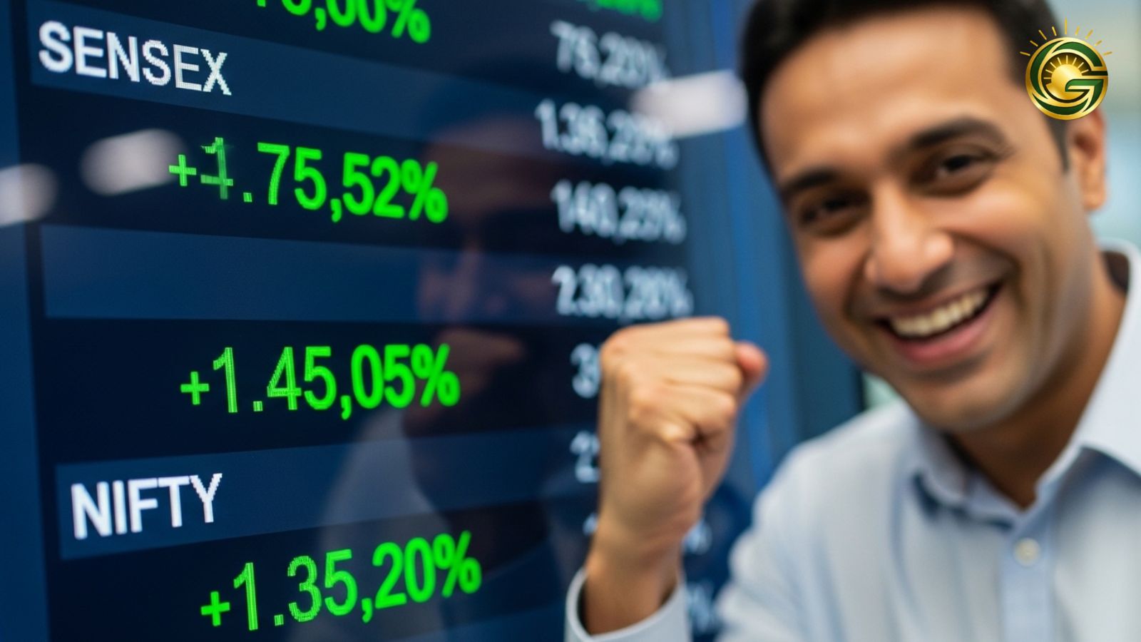 Stock market investors celebrating massive profits as Sensex hits record highs.