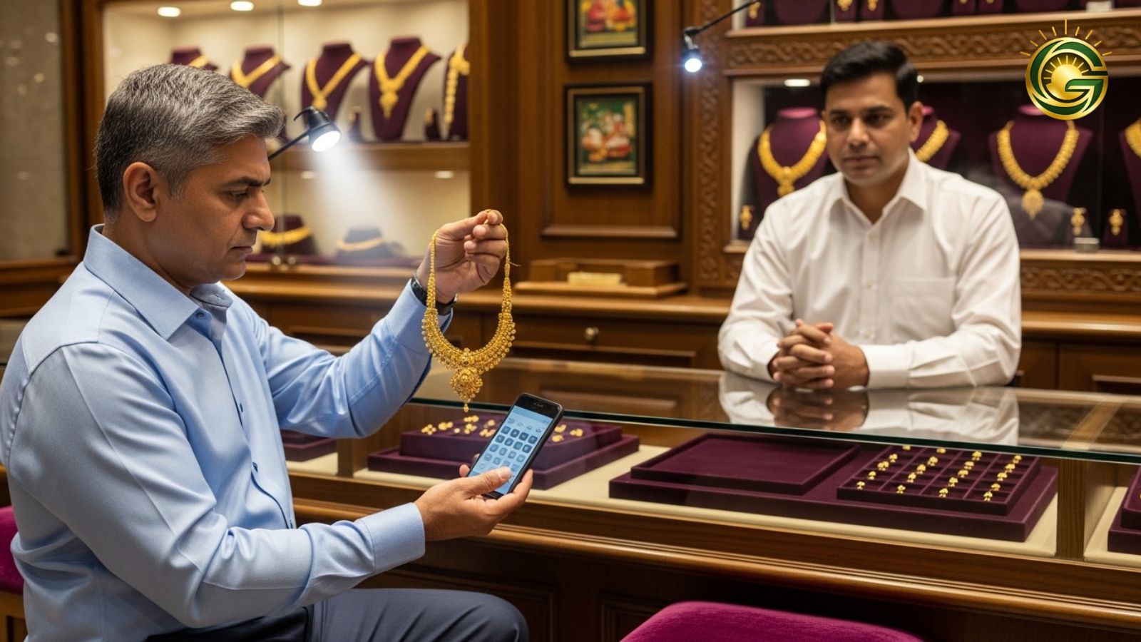 Middle-class Indian family worried about high gold prices during wedding shopping.