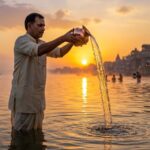 Offering Arghya to Sun God with copper vessel on Sunday