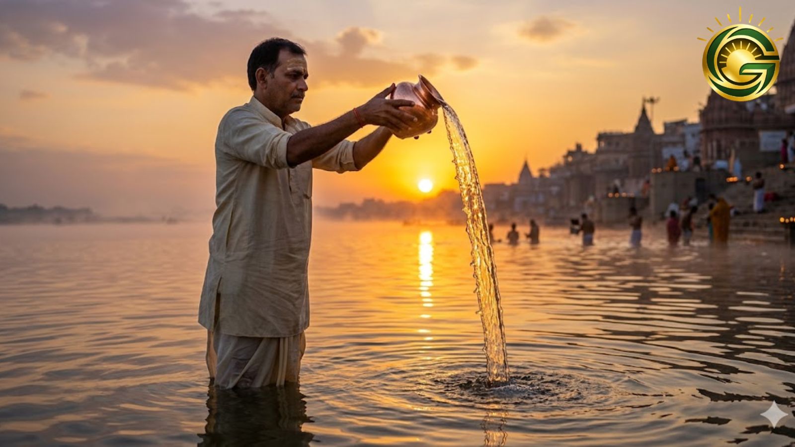 Offering Arghya to Sun God with copper vessel on Sunday