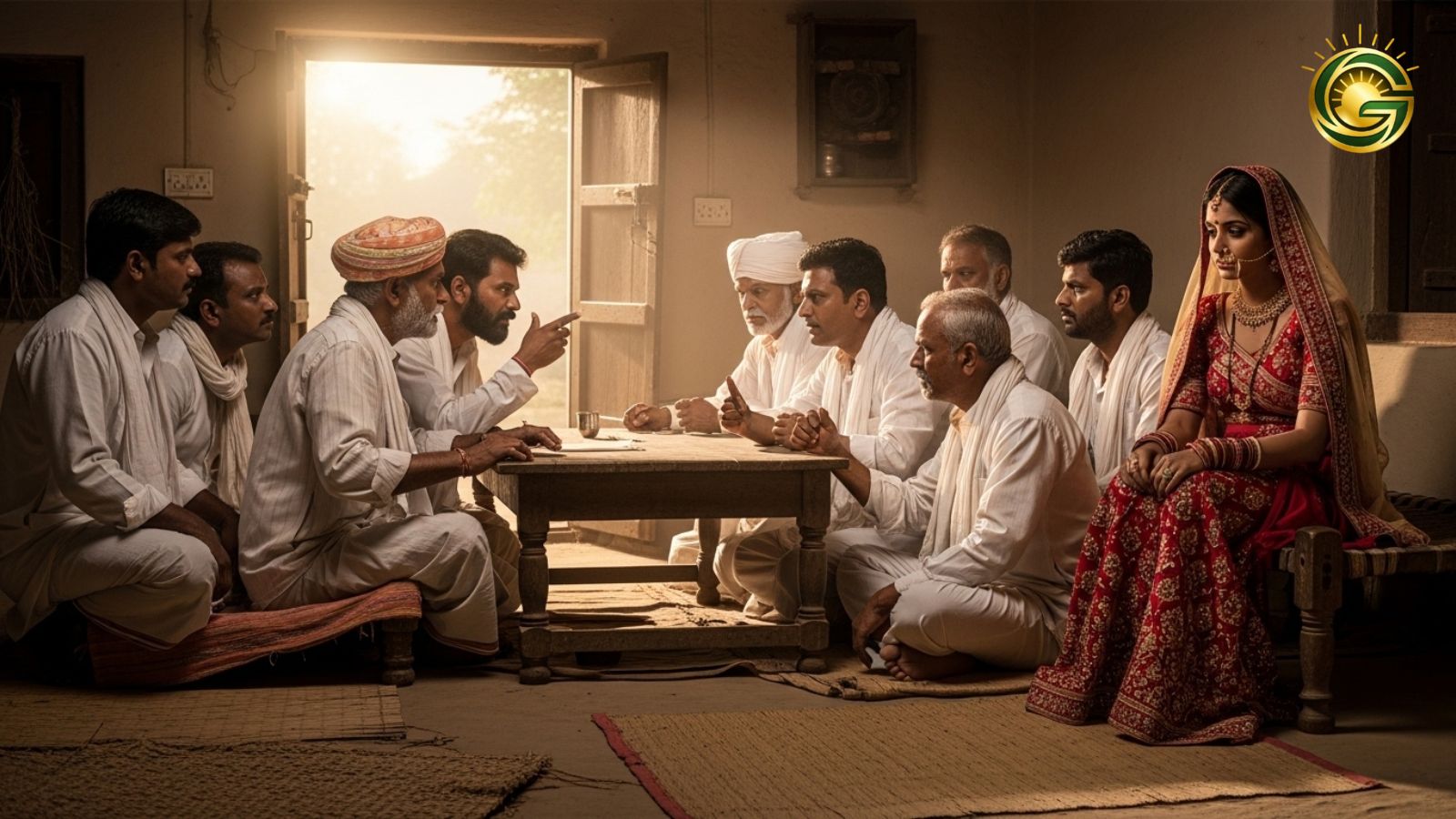 Families arguing in a village panchayat over wedding dispute.