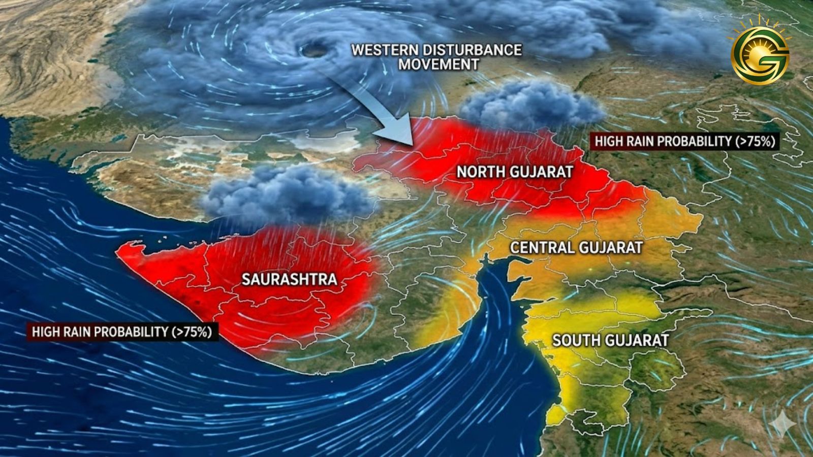 Weather map showing Western Disturbance causing rain in Saurashtra and North Gujarat.