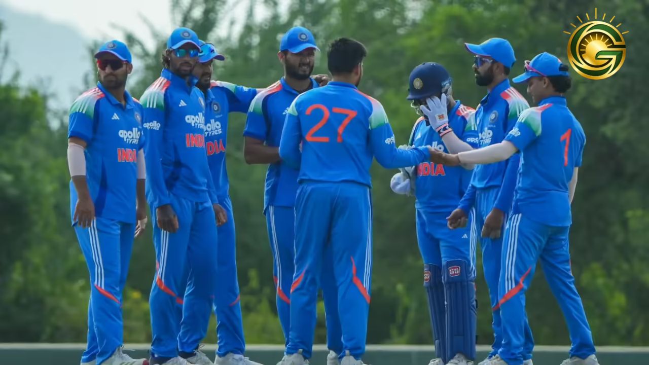 Cricket players on the field during an intense match between India-A and Sri Lanka-A at a large stadium.