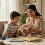 An Indian mother using flashcards for active learning to teach her child lovingly