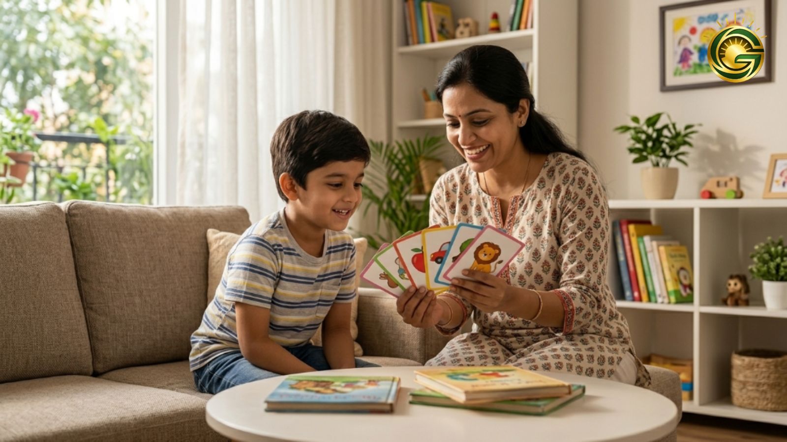An Indian mother using flashcards for active learning to teach her child lovingly