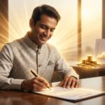 A successful businessman signing an agreement during the profitable Trigrahi Yog phase.