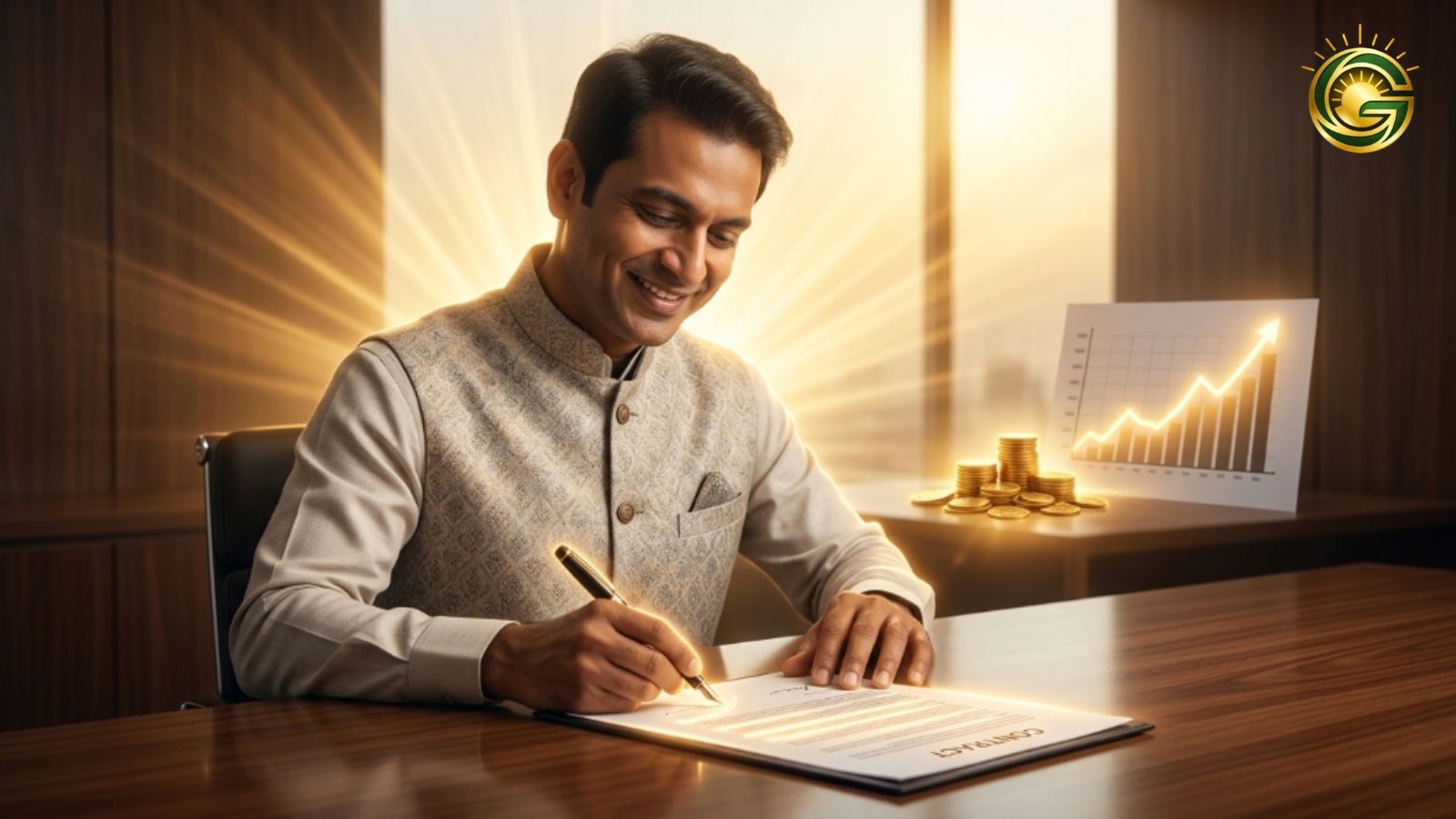 A successful businessman signing an agreement during the profitable Trigrahi Yog phase.