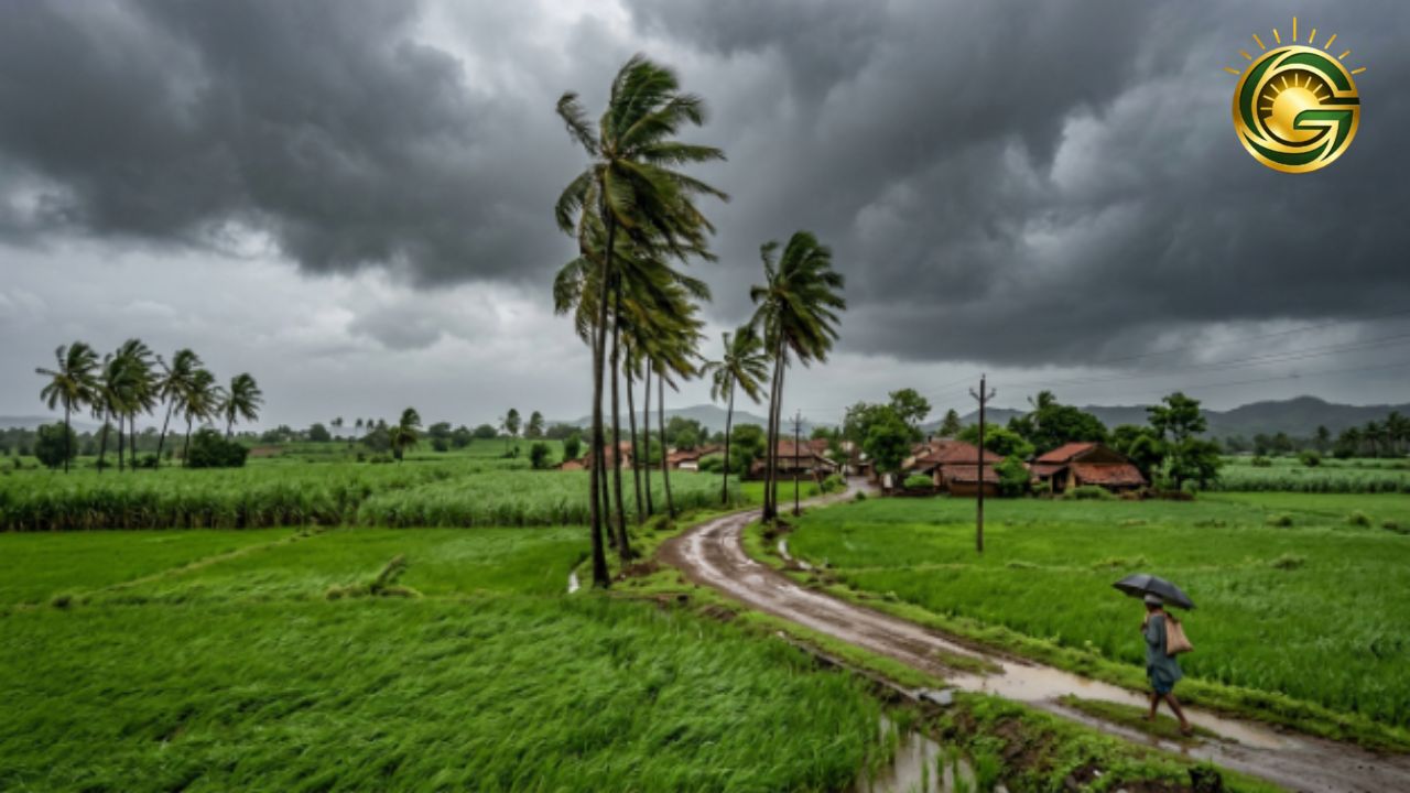 Dark monsoon clouds hovering over green fields in South Gujarat, predicting heavy rainfall.