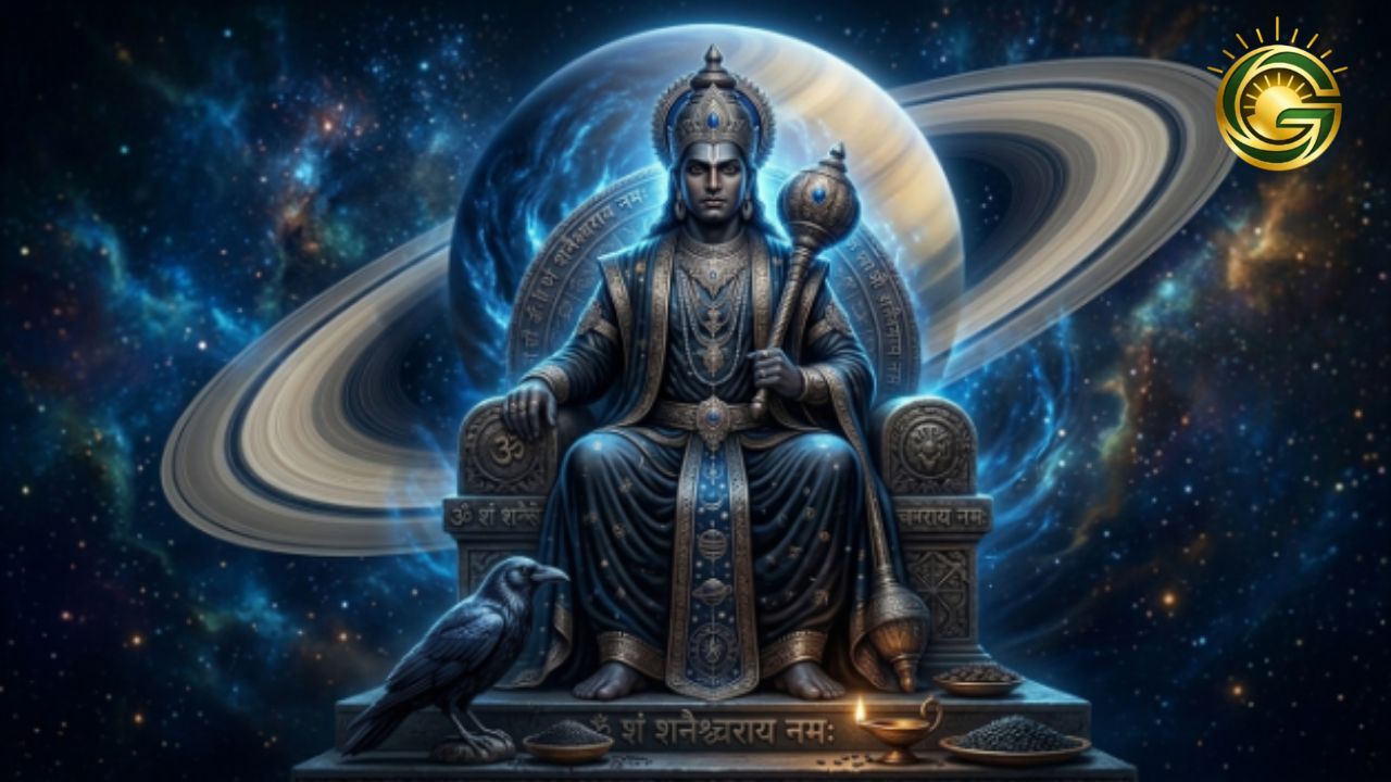 Lord Shani Dev with Saturn planet in astrology concept.