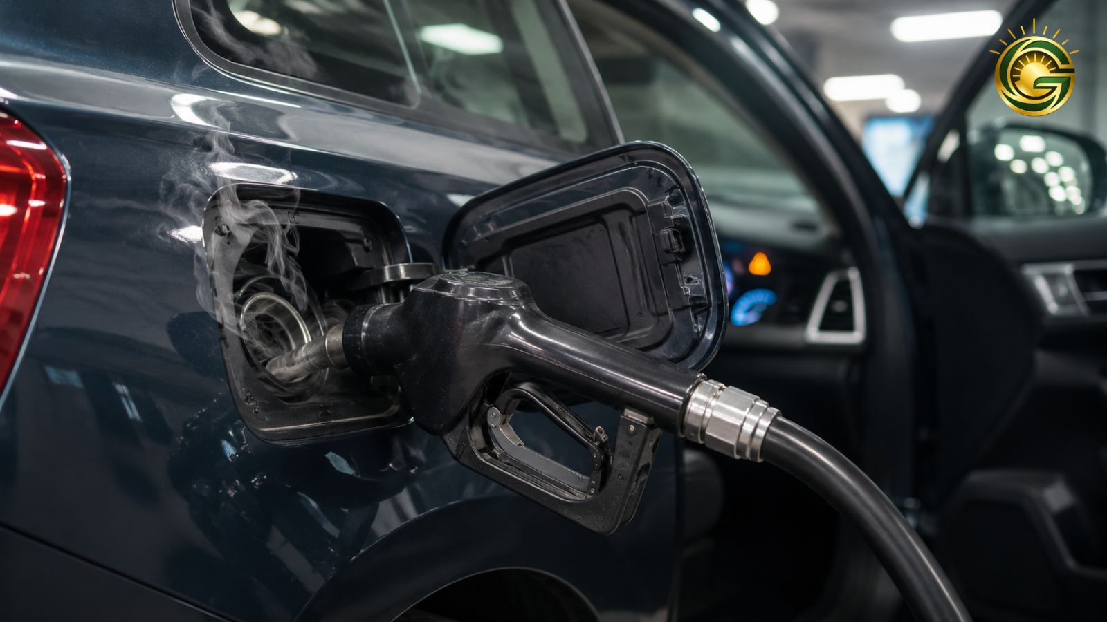 A close-up shot of a car fuel tank showing the refueling process at a station.